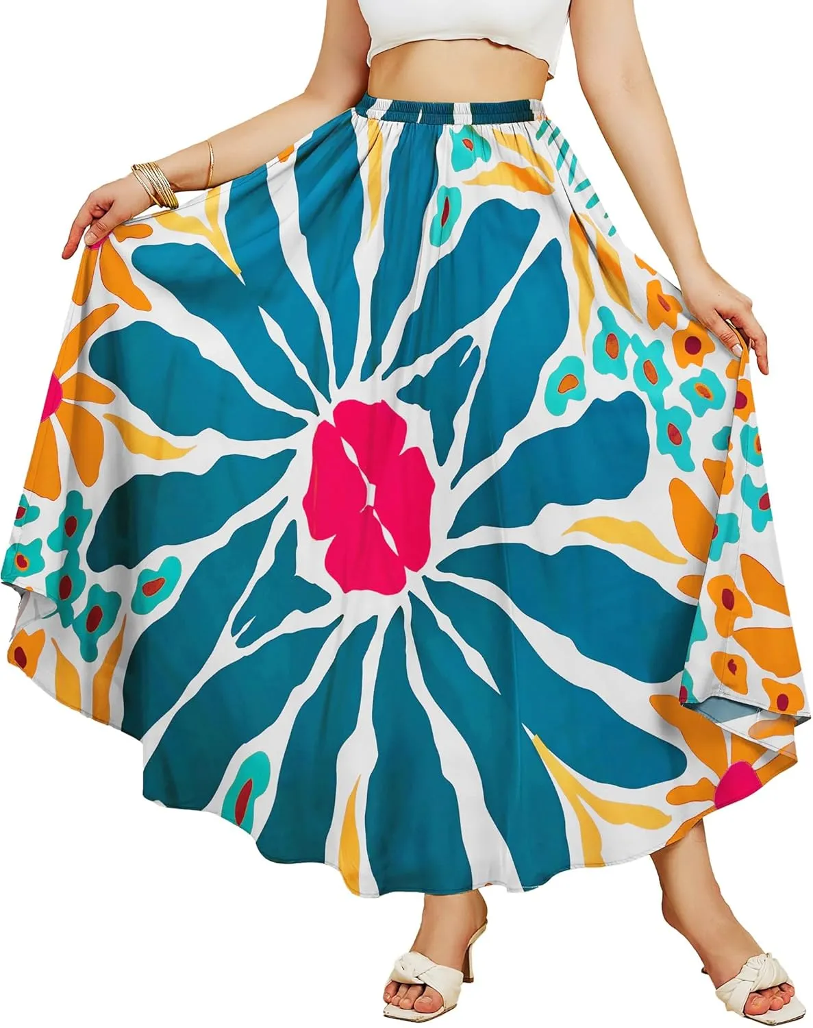Eddoyee Women's Floral Print High-Waist Skirts Boho Casual Beach Holiday Midi Skirt Summer Swim Cover-Up Long Skirts