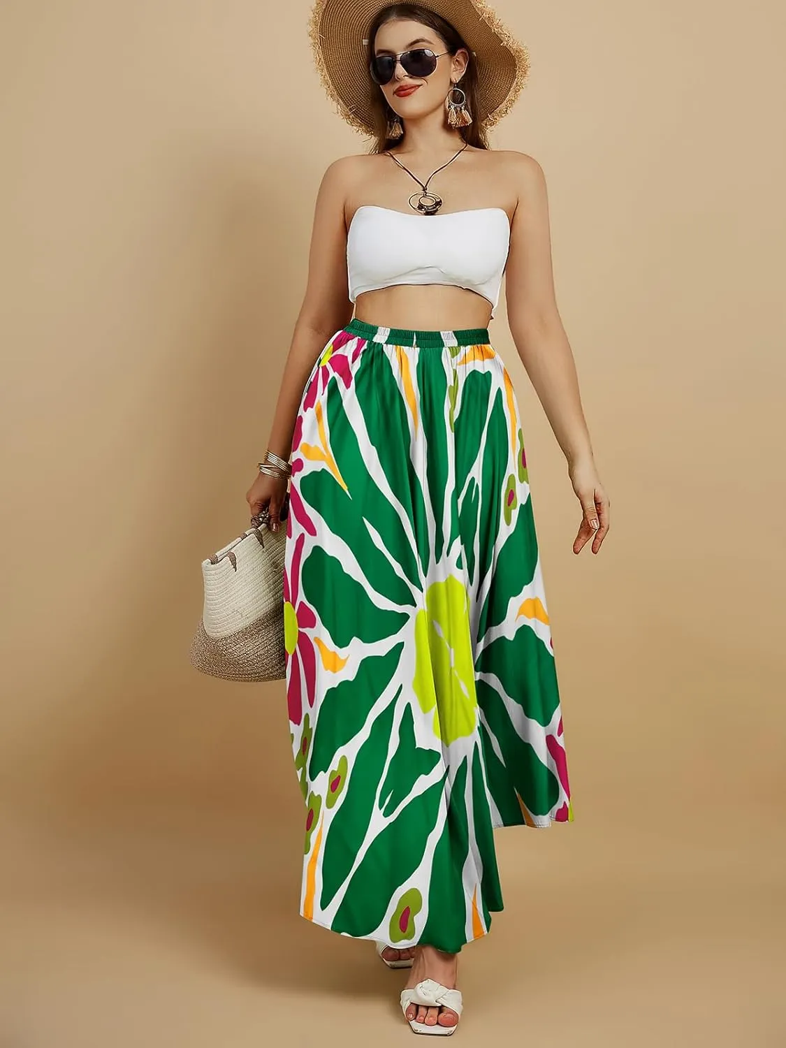 Eddoyee Women's Floral Print High-Waist Skirts Boho Casual Beach Holiday Midi Skirt Summer Swim Cover-Up Long Skirts