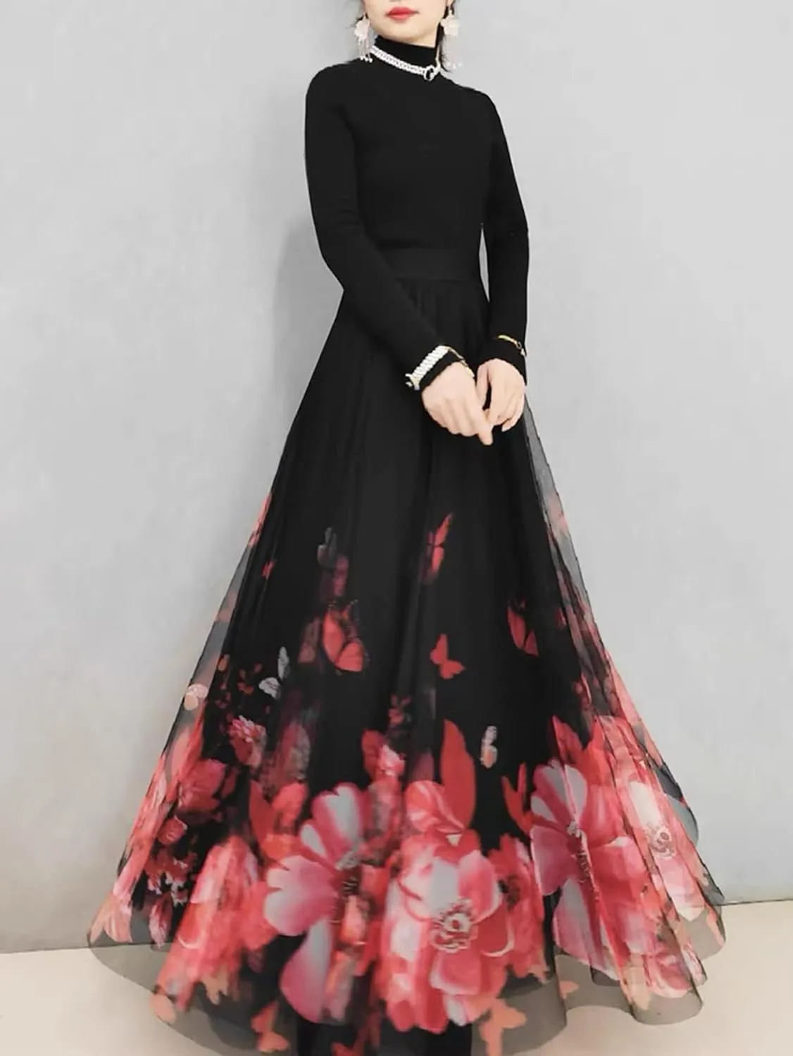 FEORJGP Womens Double-Layered Mesh Midi Skirt Elastic Waist Maxi Skirt A Line Long Skirt Summer Ruffle Pleated Midi Skirt