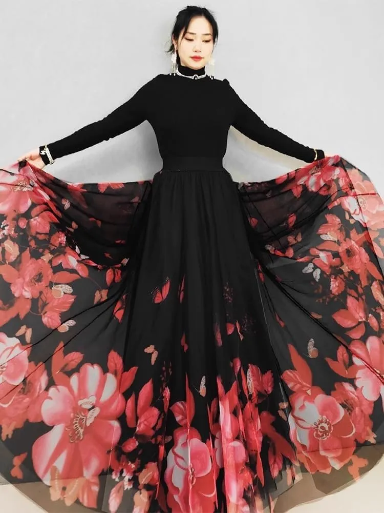 FEORJGP Womens Double-Layered Mesh Midi Skirt Elastic Waist Maxi Skirt A Line Long Skirt Summer Ruffle Pleated Midi Skirt