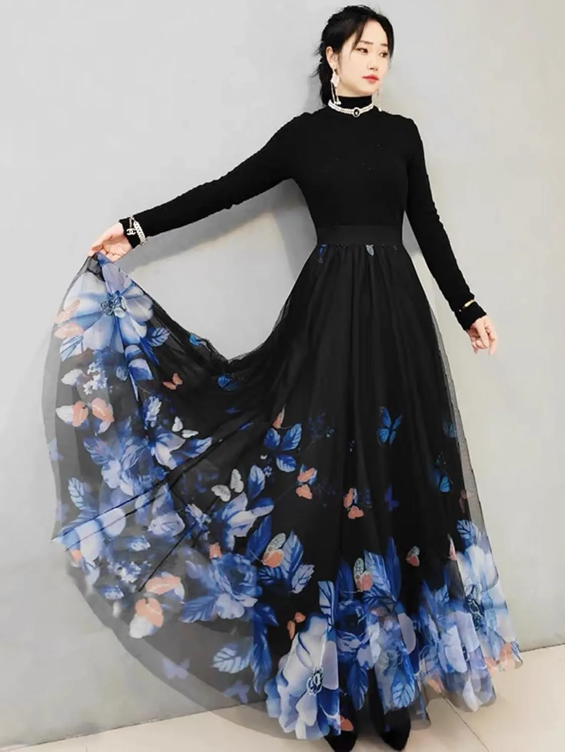 FEORJGP Womens Double-Layered Mesh Midi Skirt Elastic Waist Maxi Skirt A Line Long Skirt Summer Ruffle Pleated Midi Skirt