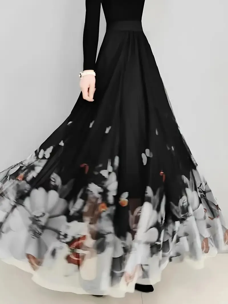 FEORJGP Womens Double-Layered Mesh Midi Skirt Elastic Waist Maxi Skirt A Line Long Skirt Summer Ruffle Pleated Midi Skirt