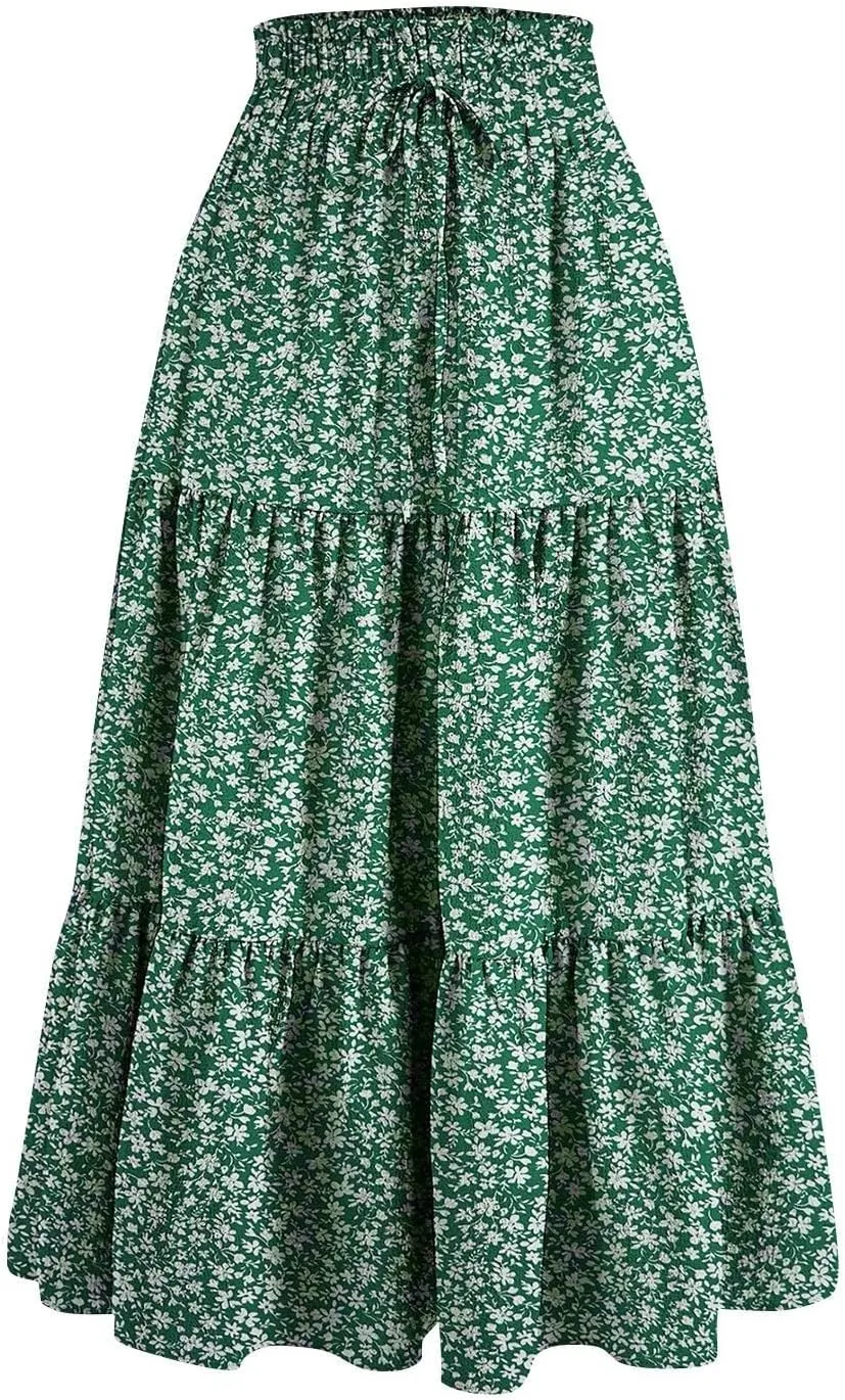 Floral Maxi Skirt Flowy Trendy Long Skirts for Women Boho High Waisted Swing A Line Tiered Casual Clothes