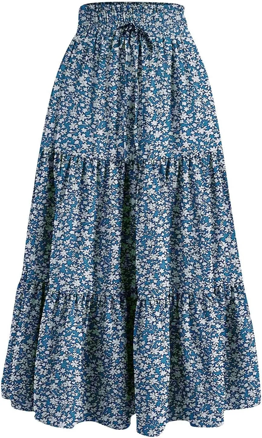 Floral Maxi Skirt Flowy Trendy Long Skirts for Women Boho High Waisted Swing A Line Tiered Casual Clothes