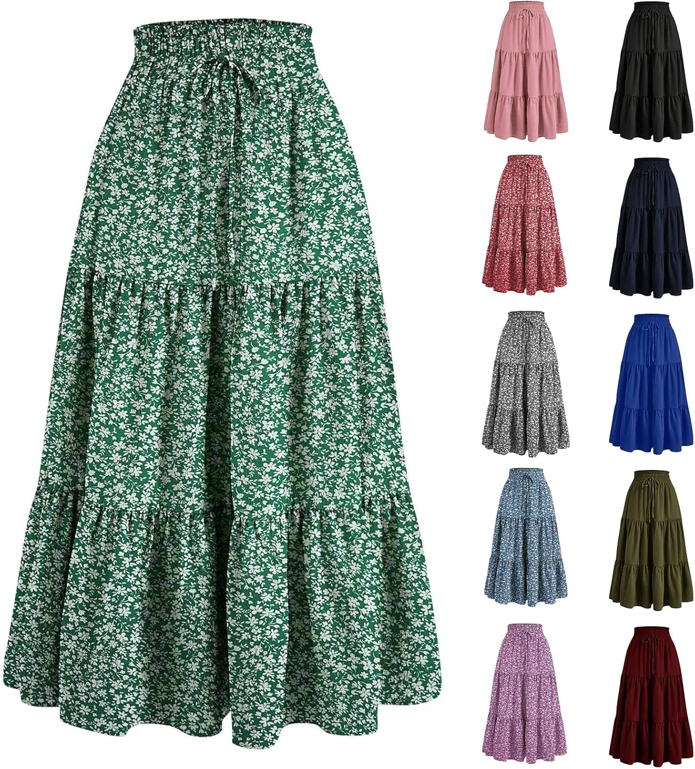 Floral Maxi Skirt Flowy Trendy Long Skirts for Women Boho High Waisted Swing A Line Tiered Casual Clothes