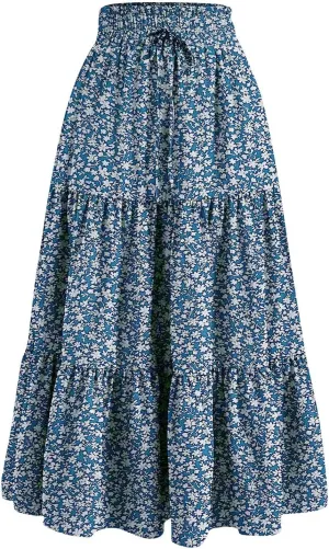 Floral Maxi Skirt Flowy Trendy Long Skirts for Women Boho High Waisted Swing A Line Tiered Casual Clothes