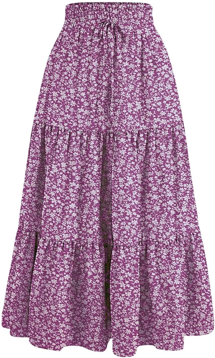 Floral Maxi Skirt Flowy Trendy Long Skirts for Women Boho High Waisted Swing A Line Tiered Casual Clothes