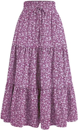 Floral Maxi Skirt Flowy Trendy Long Skirts for Women Boho High Waisted Swing A Line Tiered Casual Clothes