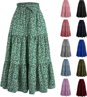 Floral Maxi Skirt Flowy Trendy Long Skirts for Women Boho High Waisted Swing A Line Tiered Casual Clothes