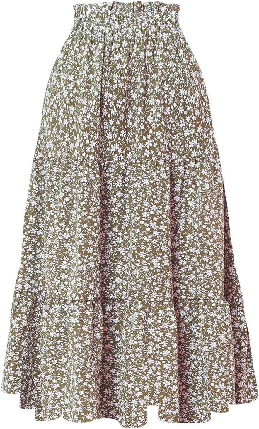 Floral Maxi Skirt for Women Comfy Tiered Elastic High Waisted Skirts Vacation A-Line Flowy Swing Long Boho Beach Dress