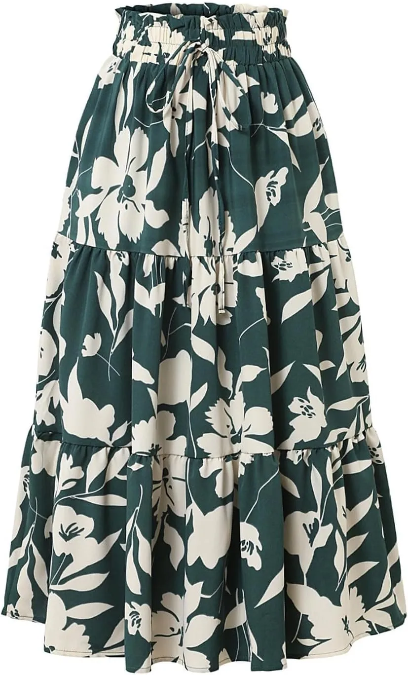 Floral Maxi Skirt for Women Comfy Tiered Elastic High Waisted Skirts Vacation A-Line Flowy Swing Long Boho Beach Dress
