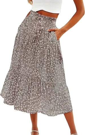 Floral Maxi Skirt for Women Comfy Tiered Elastic High Waisted Skirts Vacation A-Line Flowy Swing Long Boho Beach Dress