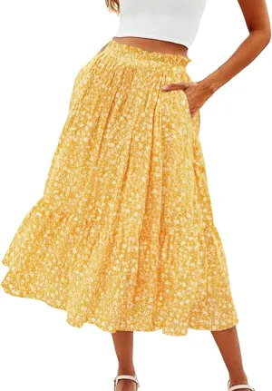 Floral Maxi Skirt for Women Comfy Tiered Elastic High Waisted Skirts Vacation A-Line Flowy Swing Long Boho Beach Dress