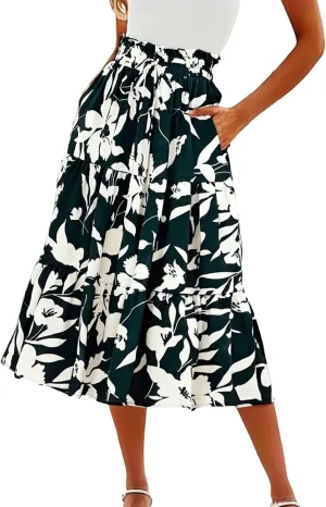 Floral Maxi Skirt for Women Comfy Tiered Elastic High Waisted Skirts Vacation A-Line Flowy Swing Long Boho Beach Dress