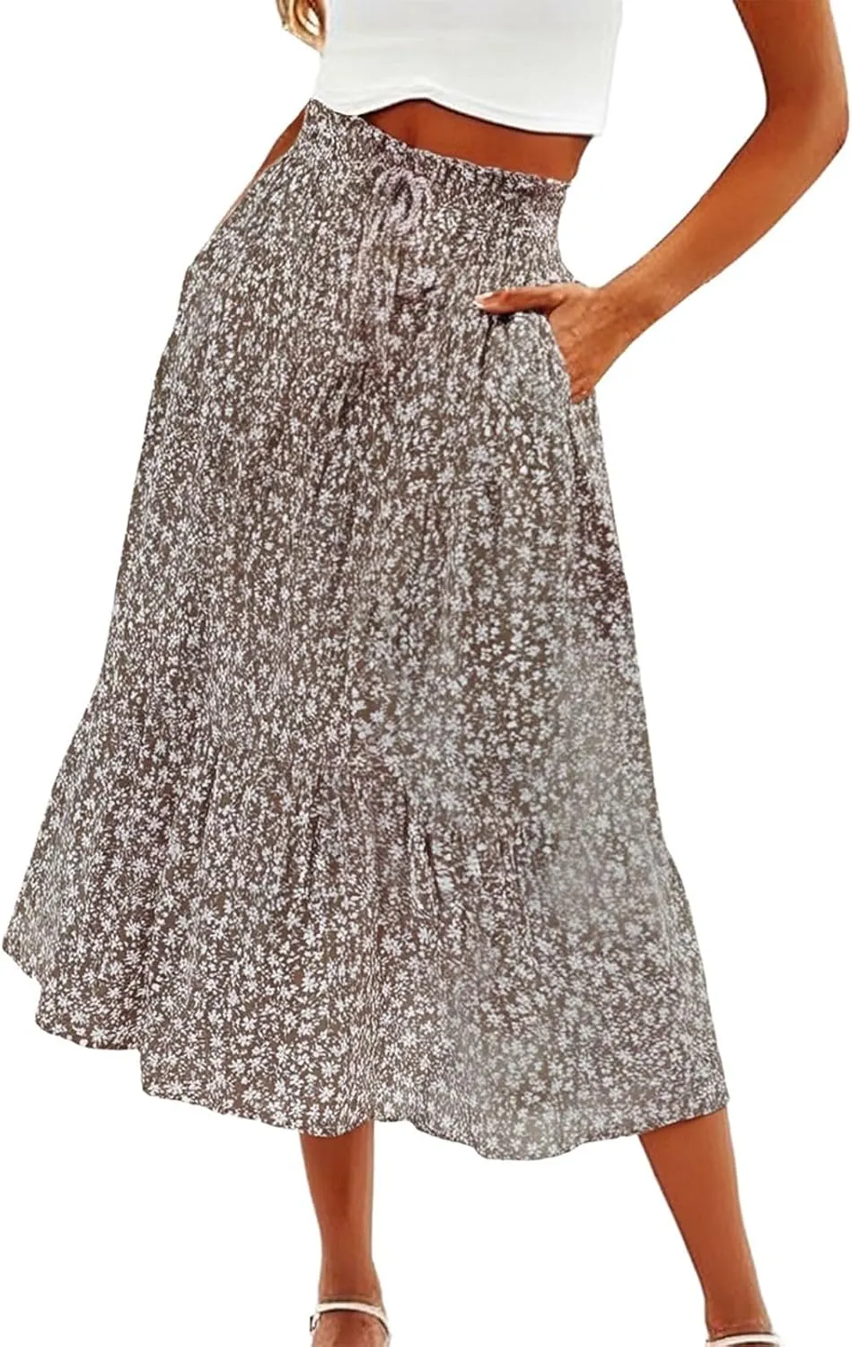 Floral Maxi Skirt for Women Comfy Tiered Elastic High Waisted Skirts Vacation A-Line Flowy Swing Long Boho Beach Dress