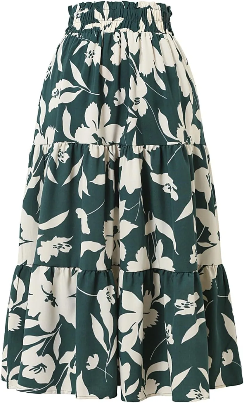 Floral Maxi Skirt for Women Comfy Tiered Elastic High Waisted Skirts Vacation A-Line Flowy Swing Long Boho Beach Dress