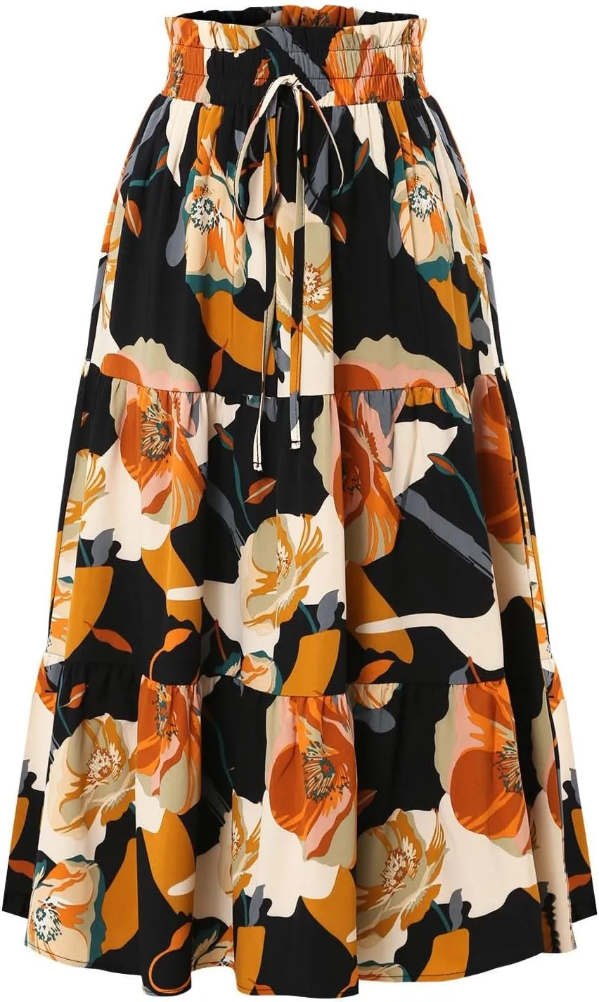 Floral Maxi Skirt for Women Summer Comfy Tiered Elastic High Waisted Boho Skirts Vacation A-Line Flowy Swing Long Skirts