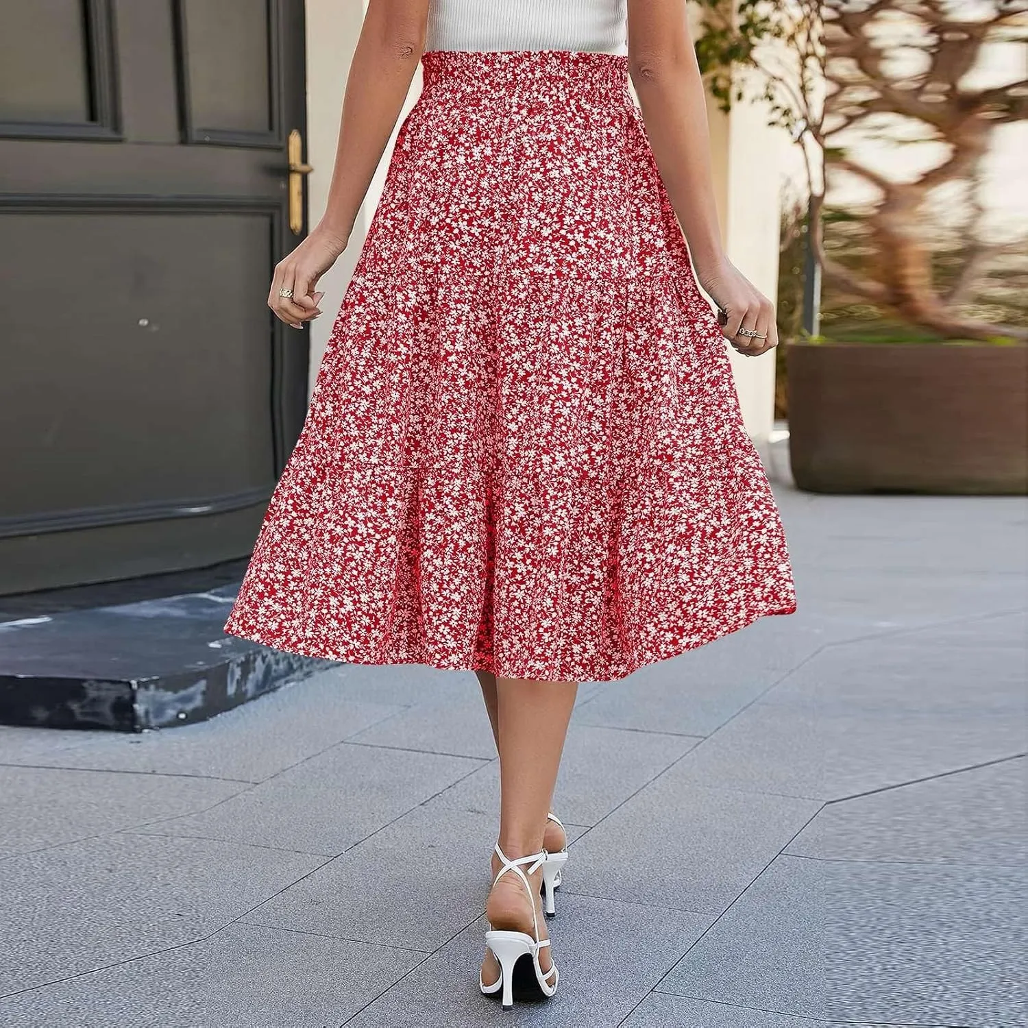 Floral Maxi Skirt for Women Summer Comfy Tiered Elastic High Waisted Boho Skirts Vacation A-Line Flowy Swing Long Skirts
