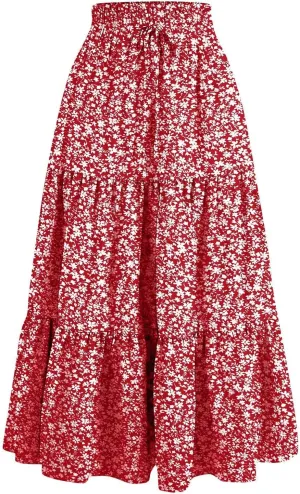 Floral Maxi Skirt for Women Summer Comfy Tiered Elastic High Waisted Boho Skirts Vacation A-Line Flowy Swing Long Skirts