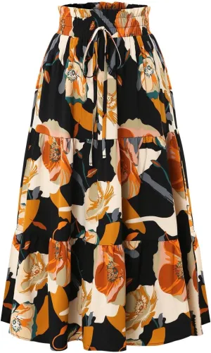 Floral Maxi Skirt for Women Summer Comfy Tiered Elastic High Waisted Boho Skirts Vacation A-Line Flowy Swing Long Skirts