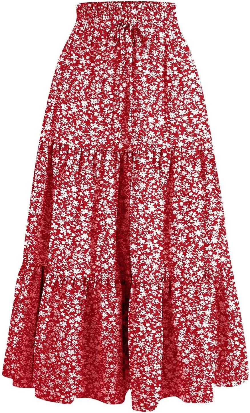 Floral Maxi Skirt for Women Summer Comfy Tiered Elastic High Waisted Boho Skirts Vacation A-Line Flowy Swing Long Skirts