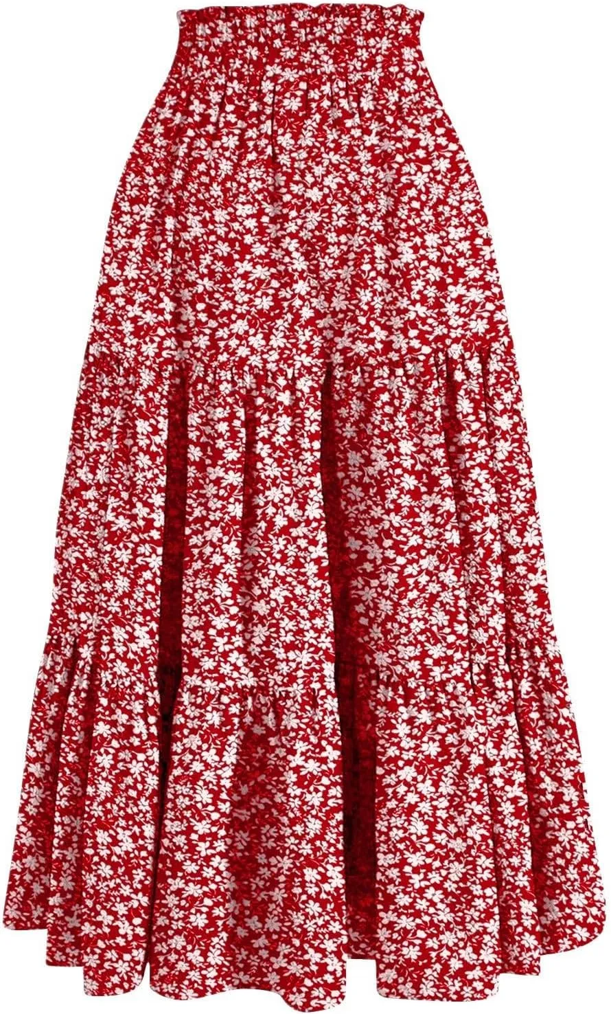 Floral Maxi Skirt for Women Summer Comfy Tiered Elastic High Waisted Boho Skirts Vacation A-Line Flowy Swing Long Skirts