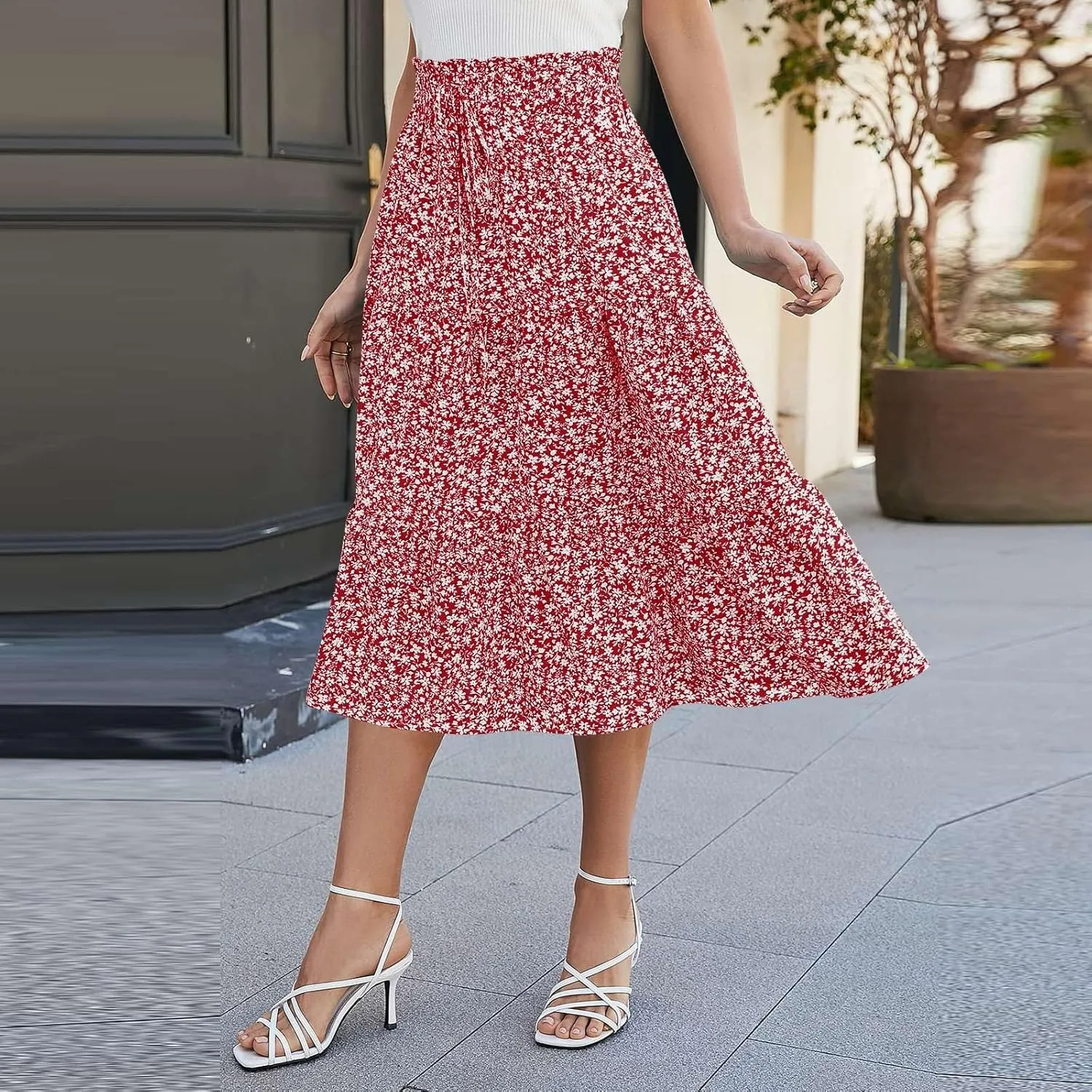 Floral Maxi Skirt for Women Summer Comfy Tiered Elastic High Waisted Boho Skirts Vacation A-Line Flowy Swing Long Skirts