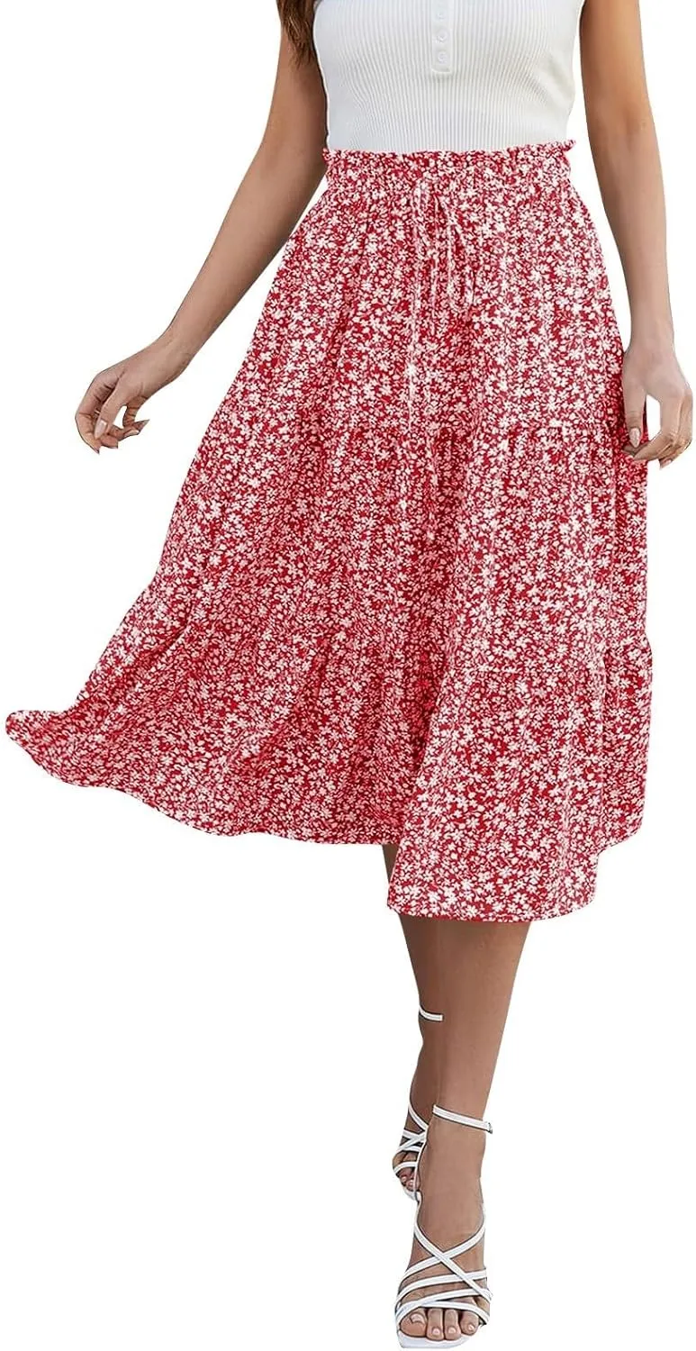 Floral Maxi Skirt for Women Summer Comfy Tiered Elastic High Waisted Boho Skirts Vacation A-Line Flowy Swing Long Skirts