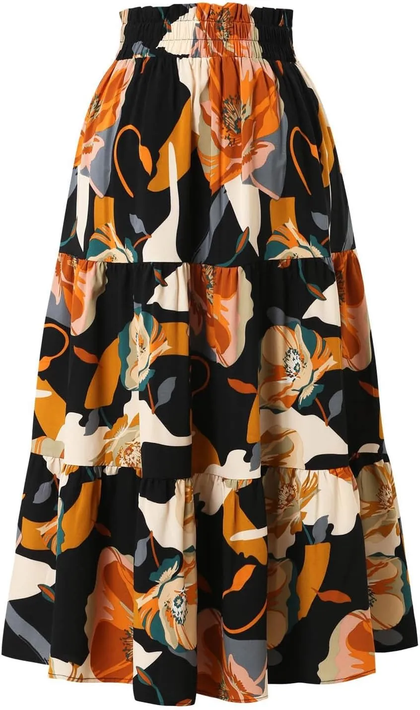 Floral Maxi Skirt for Women Summer Comfy Tiered Elastic High Waisted Boho Skirts Vacation A-Line Flowy Swing Long Skirts