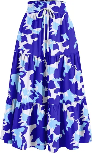 Floral Maxi Skirt for Women Summer Comfy Tiered Elastic High Waisted Skirts Vacation A-Line Flowy Swing Long Skirts