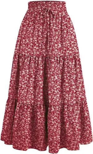 Floral Maxi Skirt for Women Summer Comfy Tiered Elastic High Waisted Skirts Vacation A-Line Flowy Swing Long Skirts