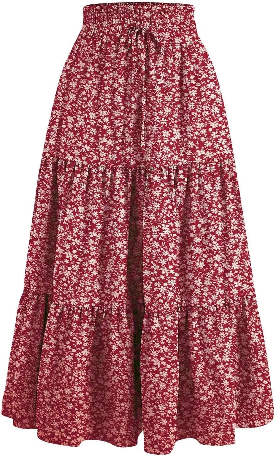Floral Maxi Skirt for Women Summer Comfy Tiered Elastic High Waisted Skirts Vacation A-Line Flowy Swing Long Skirts