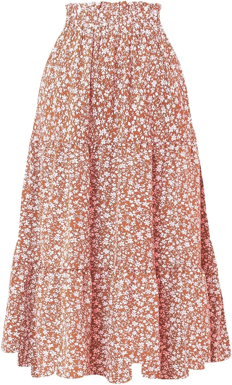 Floral Maxi Skirts for Women 2025 Summer Comfy Tiered Elastic High Waisted Skorts Vacation Flowy Swing Long Dress