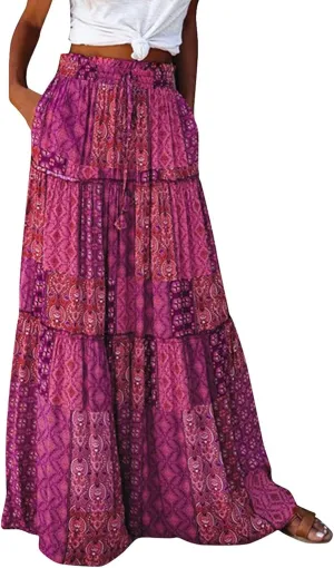 Floral Maxi Skirts for Women Summer Comfy High Waist Tie Paisley Print Maxi Skirt A-Line Long Skirts with Pockets