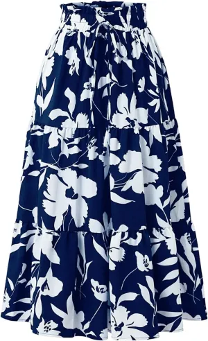 Floral Maxi Skirts for Women Summer Pleated Long Flowy Skirt Casual Elastic Waist Tiered A Line Boho Skirt Vacation