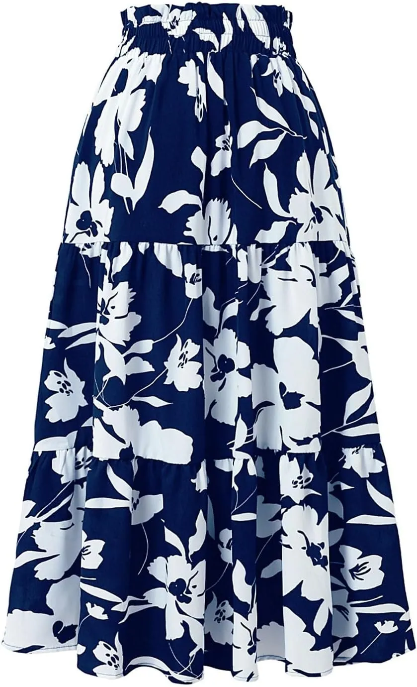 Floral Maxi Skirts for Women Summer Pleated Long Flowy Skirt Casual Elastic Waist Tiered A Line Boho Skirt Vacation