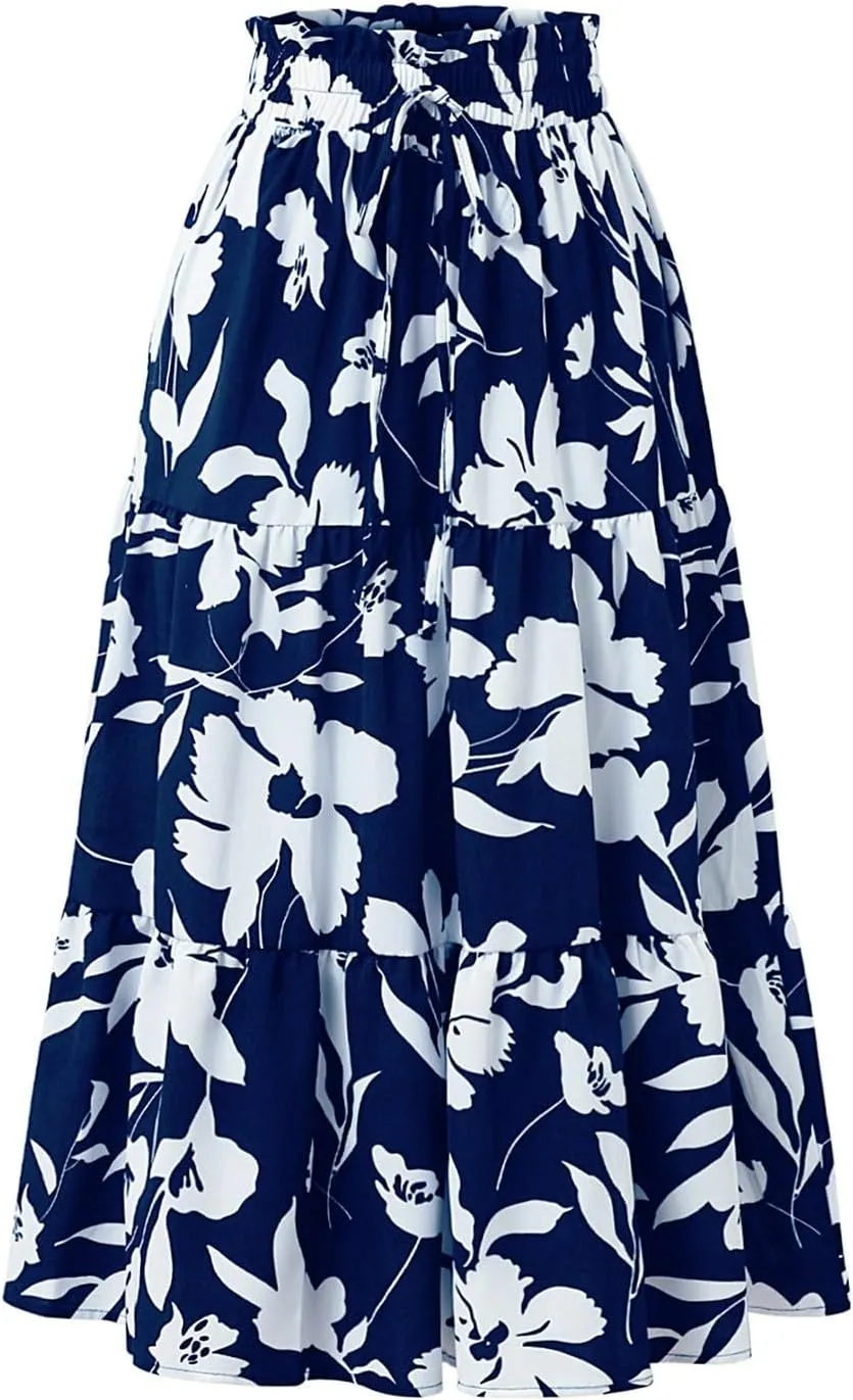 Floral Maxi Skirts for Women Summer Pleated Long Flowy Skirt Casual Elastic Waist Tiered A Line Boho Skirt Vacation