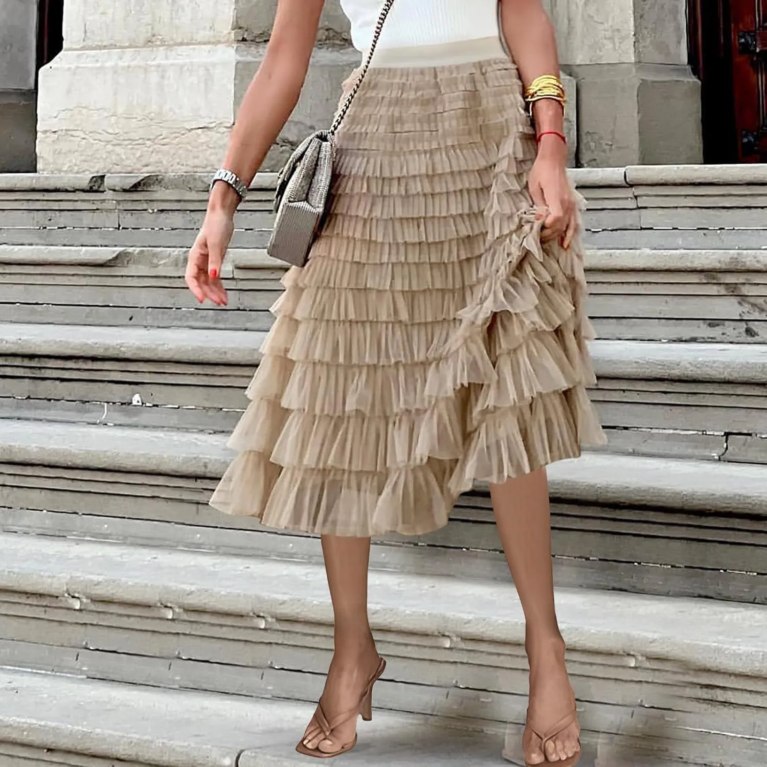 Flowy Skirts for Women A-Line Skirt Casual Layered Skirt Elegant Breathable Flowy Midi Length Skirts Work Skirt
