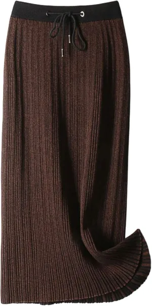 GGUHHU Womens Classic Stretchy-Waist Stripe Heather Knit Pleated Long Skirts Midiskirt