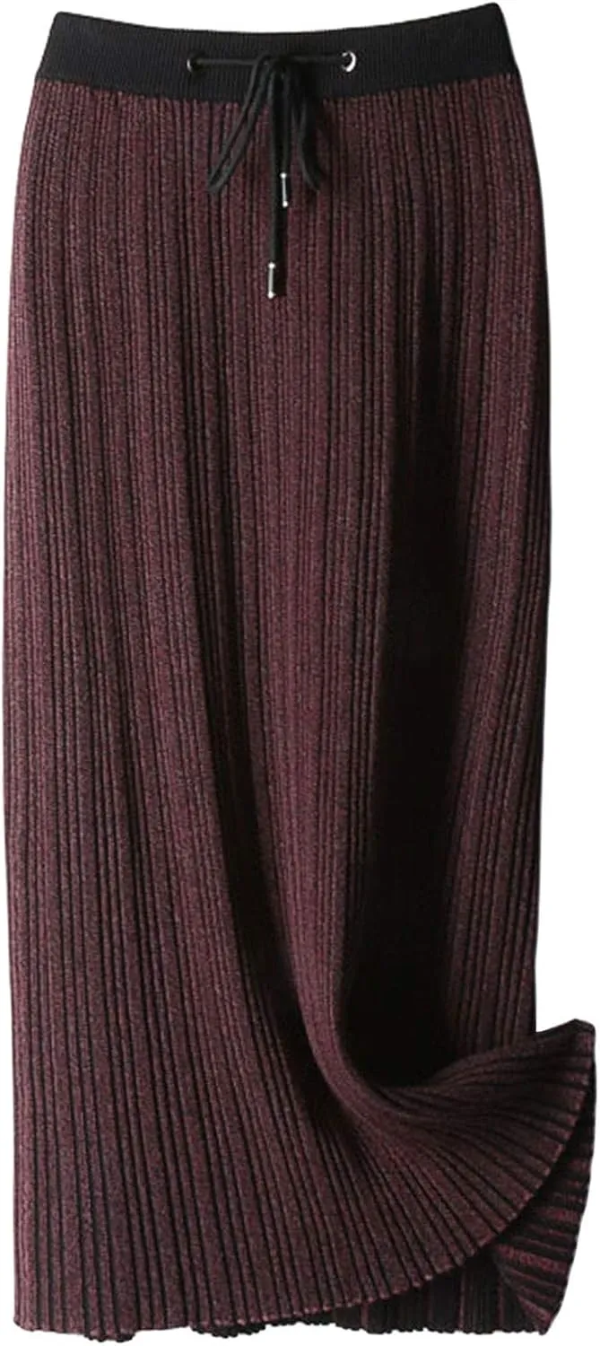 GGUHHU Womens Classic Stretchy-Waist Stripe Heather Knit Pleated Long Skirts Midiskirt
