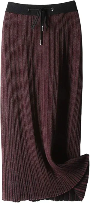 GGUHHU Womens Classic Stretchy-Waist Stripe Heather Knit Pleated Long Skirts Midiskirt