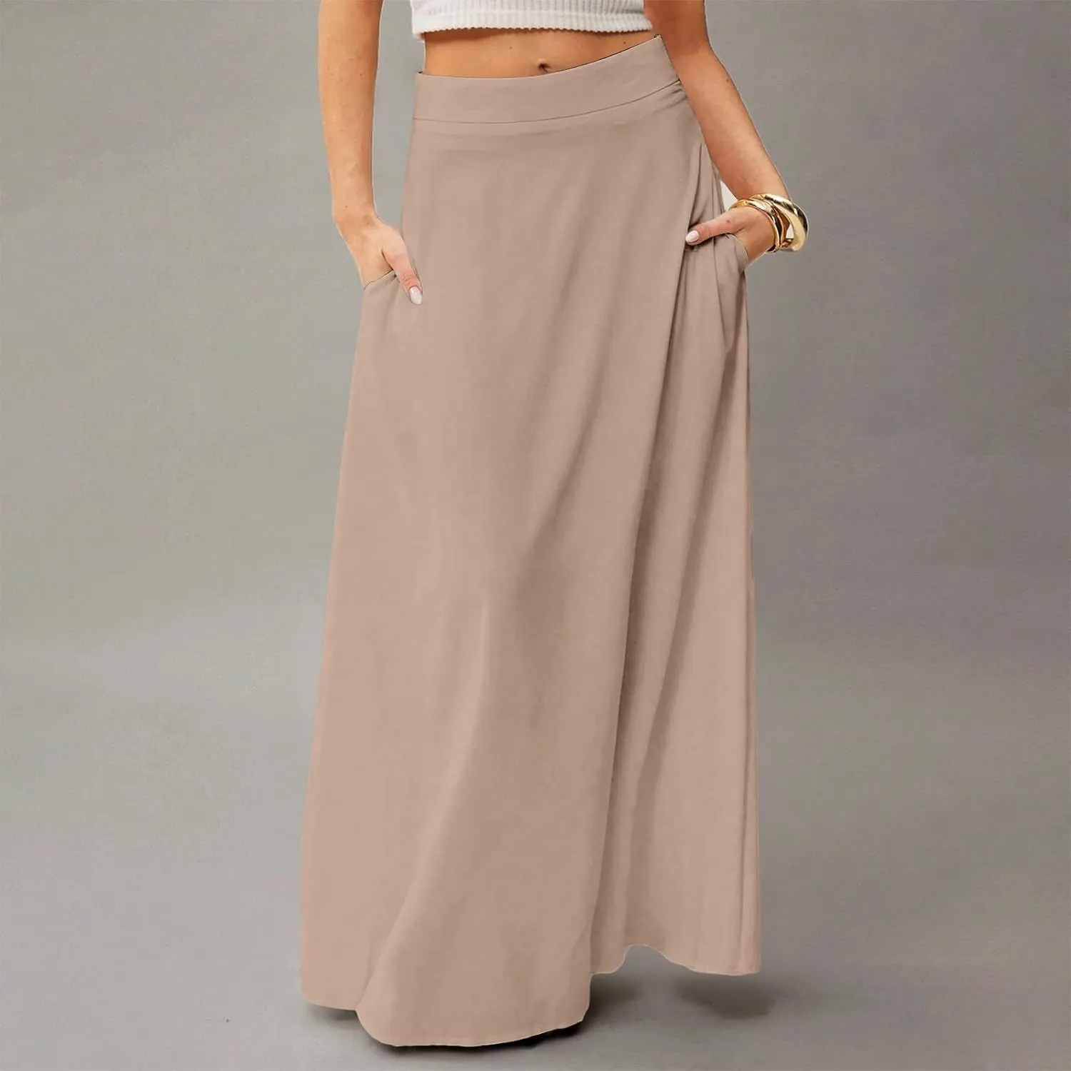 HAVUITYY Women's 2025 Bohemian Long Skirts Casual Solid Color Flowy High Waist A Line Summer Maxi Skirts for Women