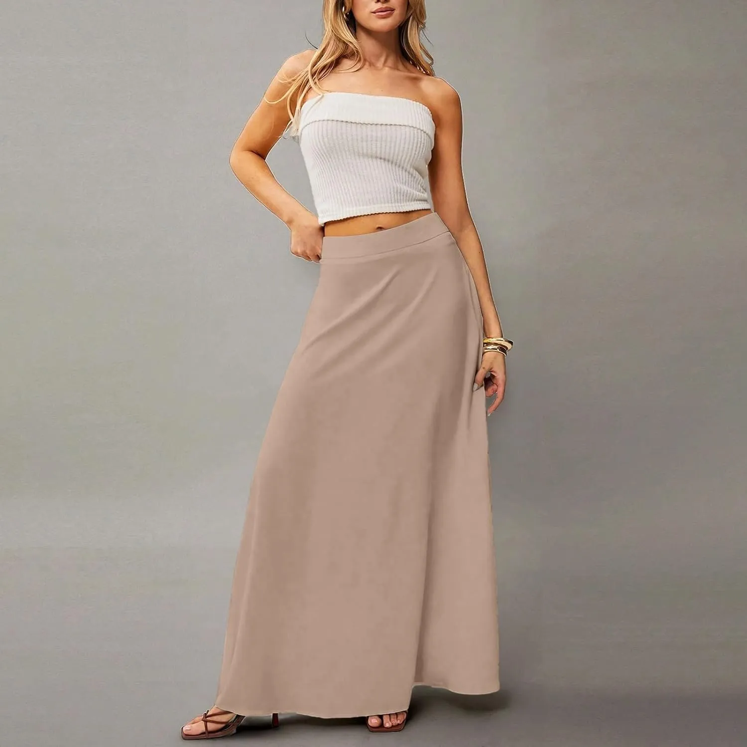 HAVUITYY Women's 2025 Bohemian Long Skirts Casual Solid Color Flowy High Waist A Line Summer Maxi Skirts for Women