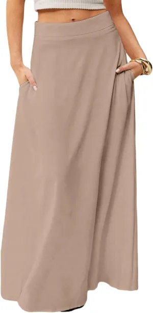 HAVUITYY Women's 2025 Bohemian Long Skirts Casual Solid Color Flowy High Waist A Line Summer Maxi Skirts for Women
