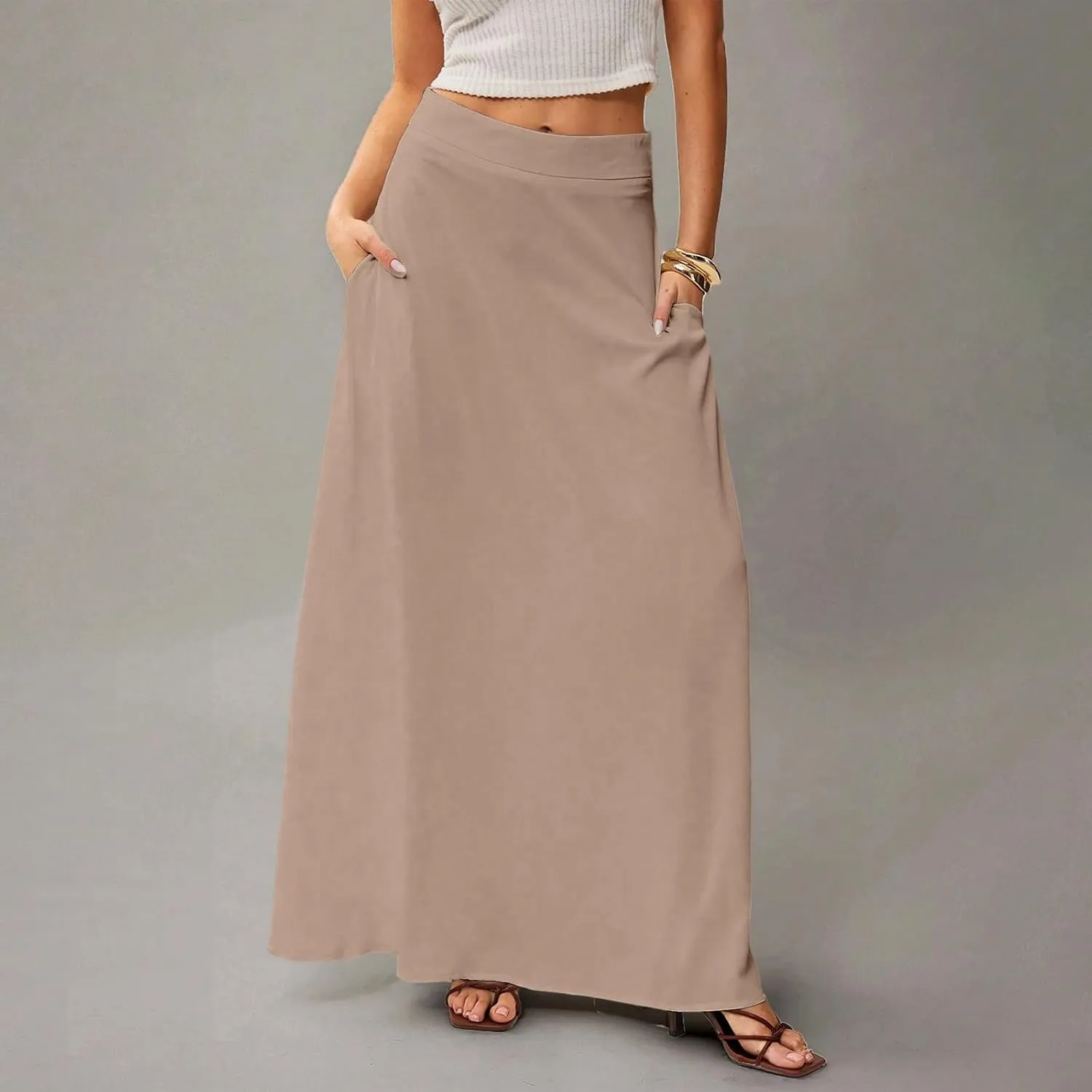 HAVUITYY Women's 2025 Bohemian Long Skirts Casual Solid Color Flowy High Waist A Line Summer Maxi Skirts for Women