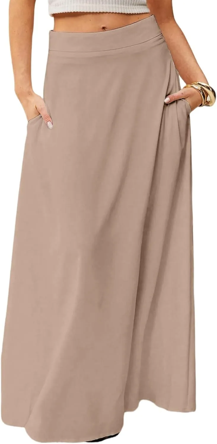 HAVUITYY Women's 2025 Bohemian Long Skirts Casual Solid Color Flowy High Waist A Line Summer Maxi Skirts for Women