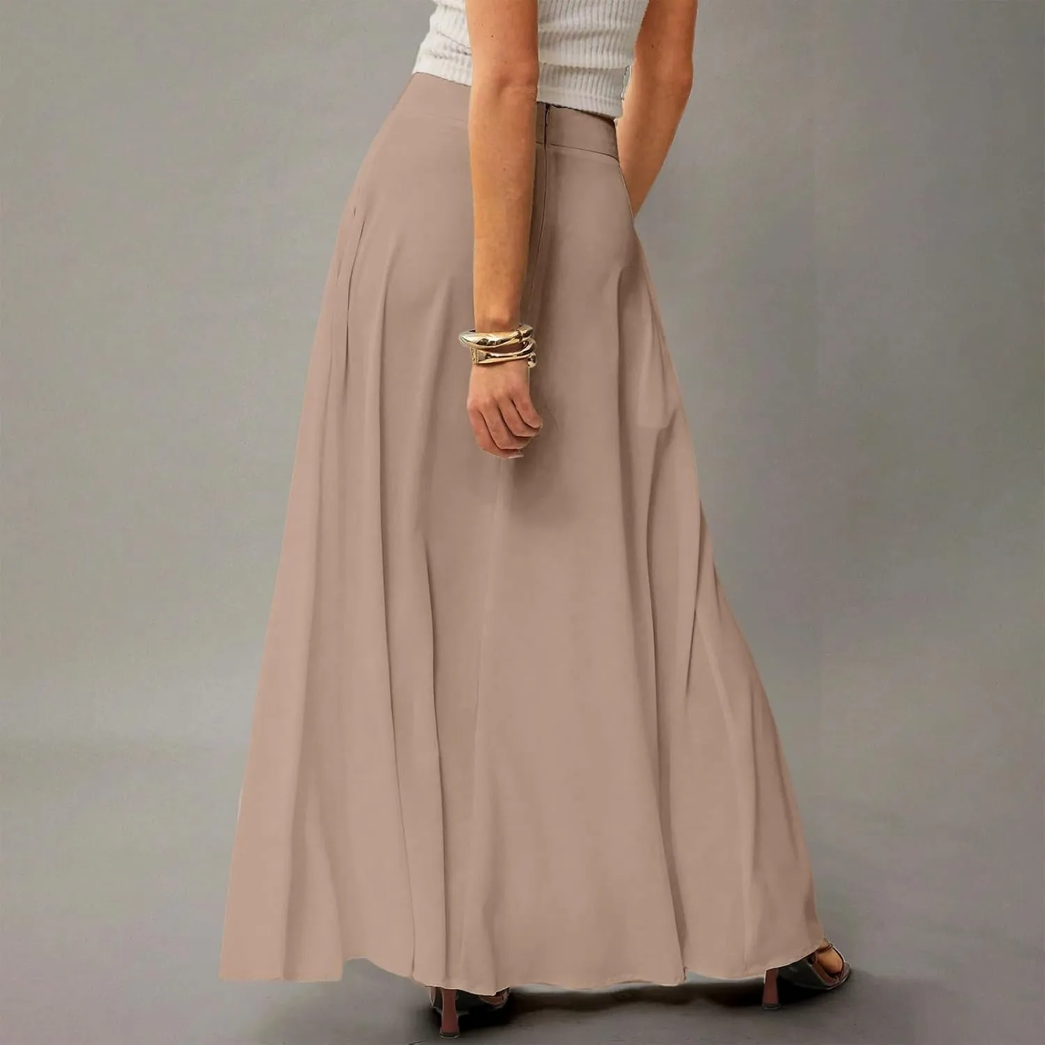 HAVUITYY Women's 2025 Bohemian Long Skirts Casual Solid Color Flowy High Waist A Line Summer Maxi Skirts for Women