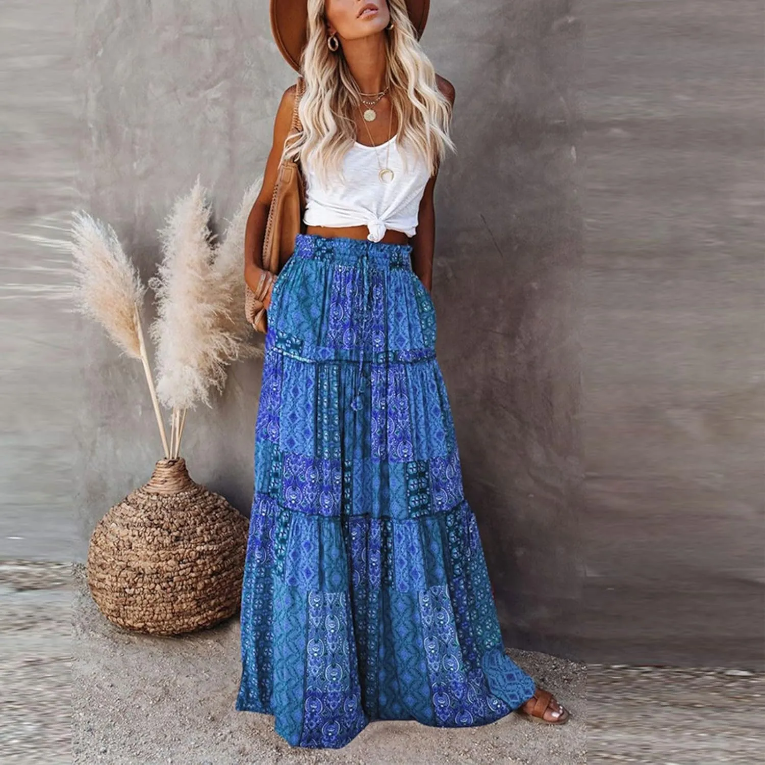 HAVUITYY Women's Bohemian Long Skirts Flowy High Waist A Line Summer Pleated Maxi Skirts for Women with Pockets Drawstring