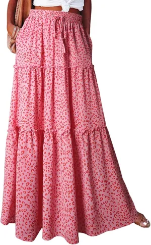 HAVUITYY Women's Bohemian Long Skirts Flowy High Waist A Line Summer Pleated Maxi Skirts for Women with Pockets Drawstring