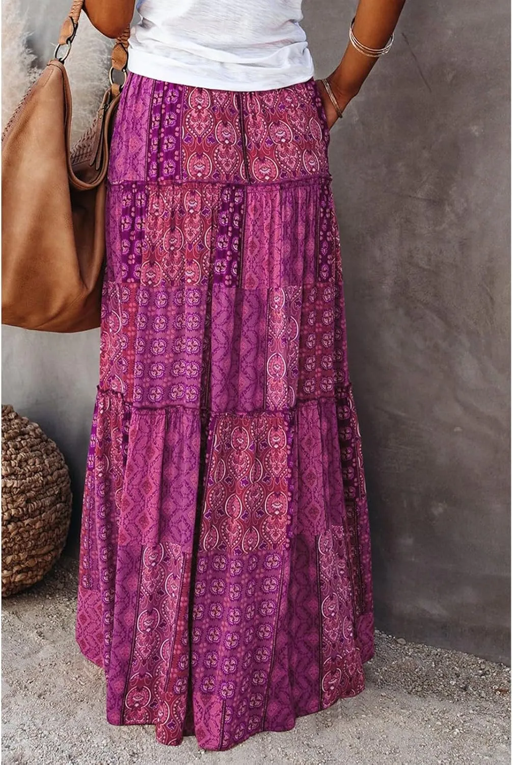 HAVUITYY Women's Bohemian Long Skirts Flowy High Waist A Line Summer Pleated Maxi Skirts for Women with Pockets Drawstring